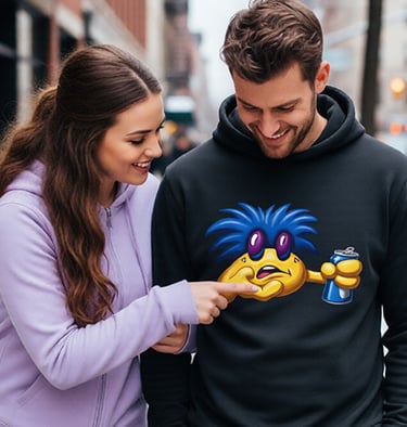 A woman pointing at a man's black heavy weight hoodie featuring BeerBelly holding a can of beer.