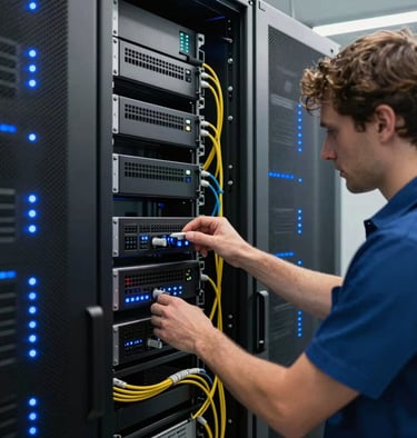 A professional photography of a modern server room in Germany with clean lines, glowing slate blue indicator lights, a technician carefully managing cables, crisp details, commercial lighting.