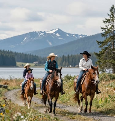 A scenic trail winding through the farm with riders enjoying a peaceful horseback ride