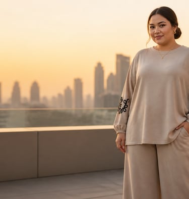 A plus-size woman in a beige loungewear set standing on a rooftop during a golden sunset city skyline view.