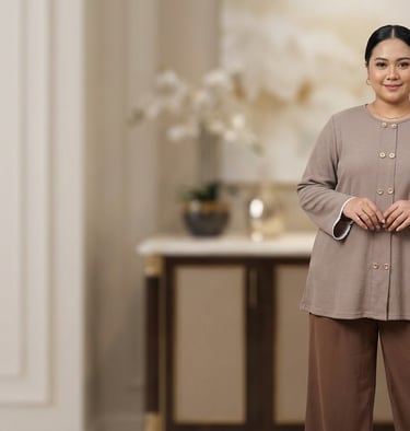 A smiling woman in a modest taupe blouse and brown pants standing in a stylish modern living room.