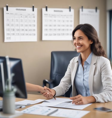 A professional woman reviewing payroll documents in a cozy office setting.