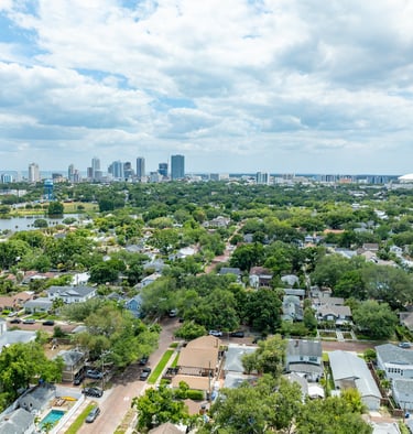 Aerial view of St. Petersburg Florida skyline and residential neighborhoods with lush green trees under a cloudy sky.