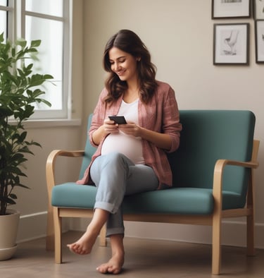A new mother holding her newborn tenderly while reading advice on her smartphone.