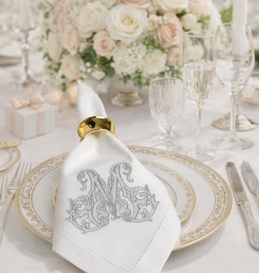 Elegant wedding table setting featuring a monogrammed napkin with gold ring and rose centerpiece.