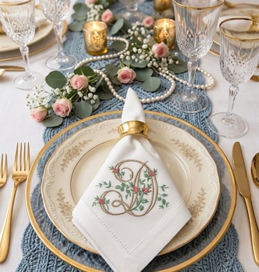 Elegant table setting featuring an embroidered monogrammed napkin on gold-rimmed china with pink roses.