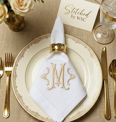 Elegant table setting with a gold monogrammed napkin and luxury dinnerware for a wedding reception.