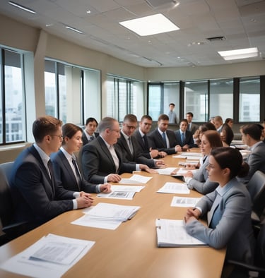 A focused business meeting where a team discusses growth strategies using charts and laptops.