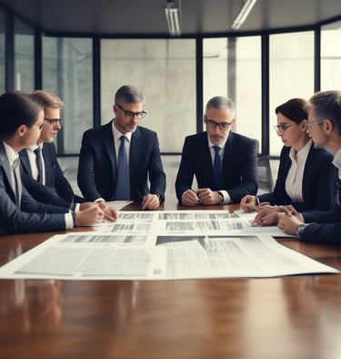 A focused business meeting where a team discusses growth strategies using charts and laptops.