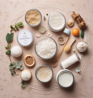 Close-up of natural ingredients like lavender and chamomile arranged on a wooden table.