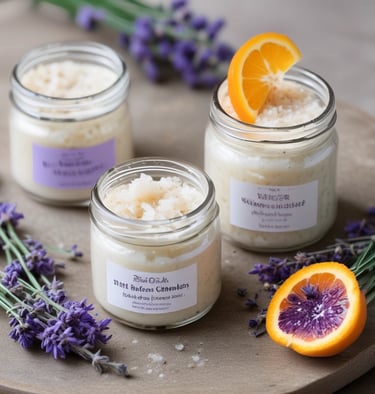 A jar of rich body butter with shea nuts and cocoa beans beside it.
