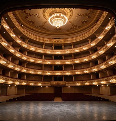 A wide shot of a classical performance in a grand American opera house, with golden balcony lights and a dark gray stage floor.