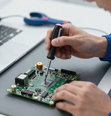 A detailed close-up of a technician's hands using a precision screwdriver on a laptop motherboard. The workspace is clean and professional with soft lighting. The scene incorporates brand colors like deep blue tools and a grey anti-static mat, reflecting the professional and reliable mood of MLtech.