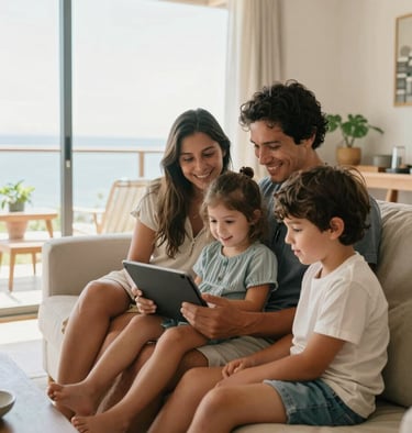 Bright lifestyle photography of a family in Portovelo sitting in their living room, smiling while streaming on a tablet, warm natural light, 35mm