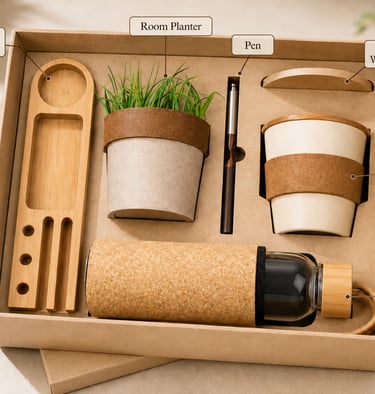 Eco-friendly corporate gift set including a bamboo desk organizer, wireless charger, and coffee mug.