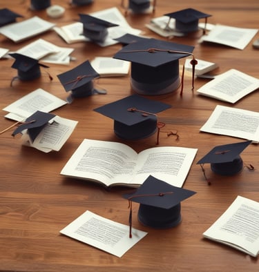 A smiling student holding acceptance letters with a globe and books in the background.