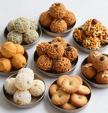 A variety of crunchy snacks and namkeen displayed in bowls.