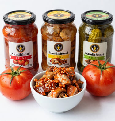 Jars of homemade pickles with vibrant colors and rustic labels.