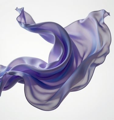 Abstract silk-like fabrics floating in a white void, soft lighting, lavender and blue reflections, high-end motion design render.