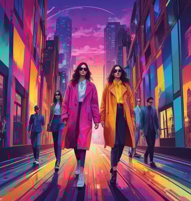 A vibrant urban streetwear outfit displayed on a mannequin with bold colors and modern accessories.