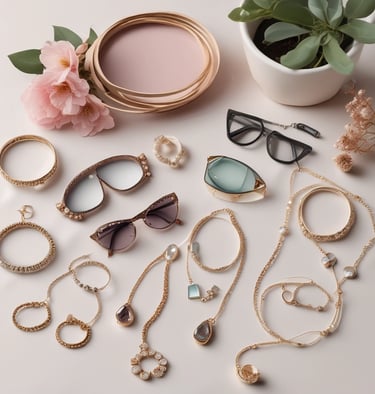 A sleek collection of trendy accessories including hats, bags, and jewelry arranged artistically.