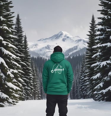 Cozy hoodies hanging on a branch with evergreen trees in the background.
