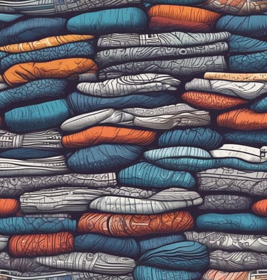 A vibrant display of folded t-shirts featuring Pacific Northwest inspired designs on a rustic wooden table.