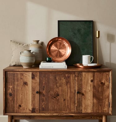 Close-up of elegant ceramic vases in soft green and warm white tones on a rounded wooden shelf.