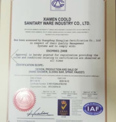 ISO 9001 quality management certificate for Xiamen Coold Sanitary Ware Industry Co., Ltd.