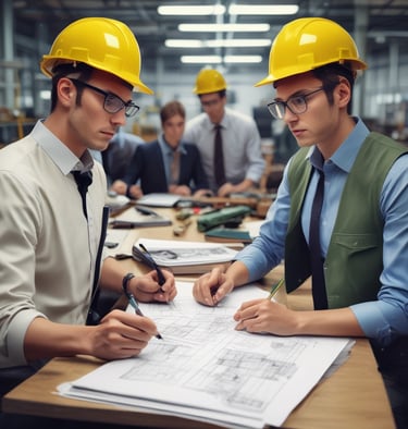 Workers wearing safety helmets and vests during a hands-on safety training session at a construction site.