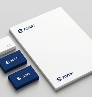 Corporate stationery set including business cards and letterhead, all featuring a minimalist logo on #ECF0F1 paper, #2C3E50 accents.