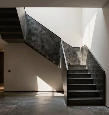 An elegant modern hallway with a dark charcoal metal staircase. The lighting is dramatic, casting long geometric shadows on the soft off-white walls. Industrial elegance at its peak.