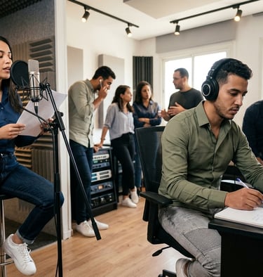 A group of professionals recording and producing music in a modern sound studio with high-quality audio equipment.