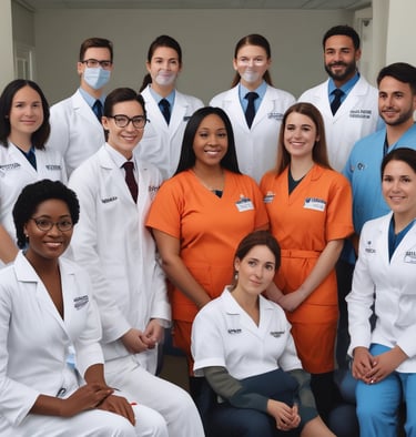 A friendly team of home care professionals gathered together, ready to support clients.