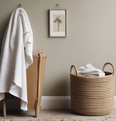 Handwoven jute basket filled with cozy blankets in a warm living room setting