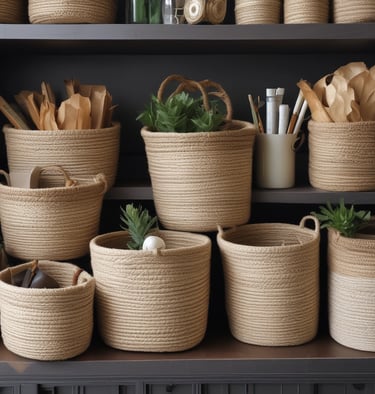 Jute storage baskets neatly stacked on wooden shelves in a bright room