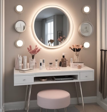 Modern white vanity desk with a backlit circular mirror, makeup organizers, and a pink velvet stool.
