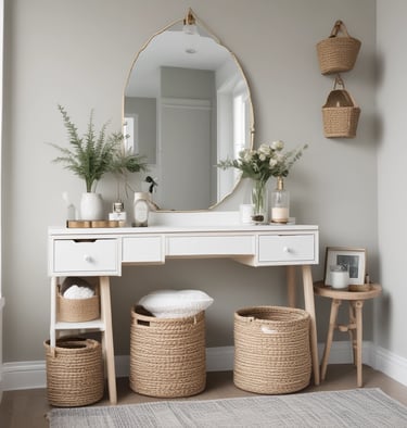 Modern white vanity desk with a gold teardrop mirror, woven storage baskets, and green plants.