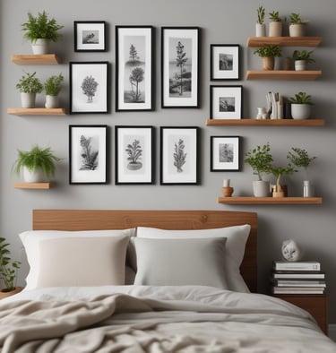 Modern bedroom with a gallery wall of black and white botanical art and wooden floating shelves.