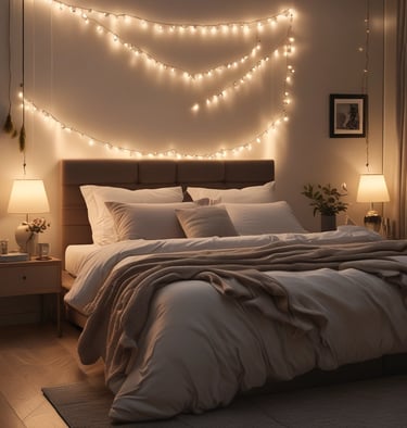 Cozy bedroom interior with warm string lights, bedside lamps, and a neutral duvet set.