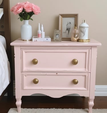Vintage pink nightstand with gold knobs featuring pink roses and luxury decor accessories.