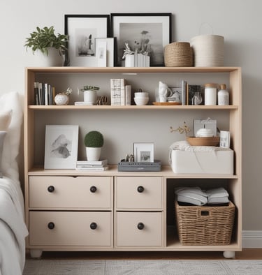 Minimalist light wood dresser with shelves featuring aesthetic home decor, plants, and organized baskets.