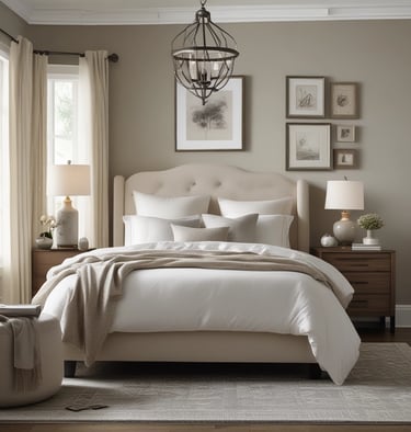 Elegant neutral master bedroom featuring a tufted wingback bed, wooden nightstands, and a rustic globe chandelier.
