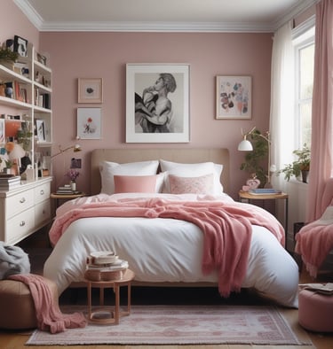 Chic pink bedroom interior featuring a plush bed, aesthetic wall art, and modern home decor.