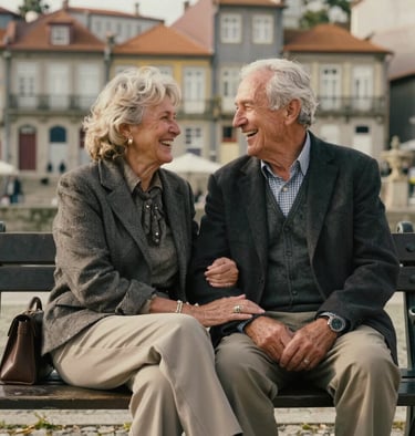 Candid shot of an elderly couple laughing on a park bench in Porto, European / Portuguese fashion, warm cinematic tones, charcoal and sand color palette.