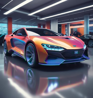 Sporty car with aerodynamic spoilers and polished rims on a city street