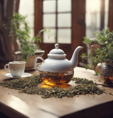 théière avec tasse et plantes