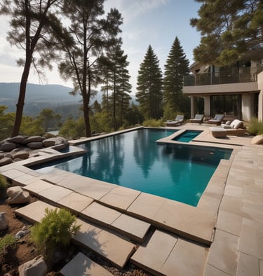 An aerial view of a backyard under construction, showcasing an outline of a swimming pool being built. The ground is excavated with concrete and steel reinforcements in place, indicating the preparation stages of a pool installation. A modern house with a light-colored roof and a concrete patio borders the left side of the construction area, and the backyard is enclosed by a wooden fence.