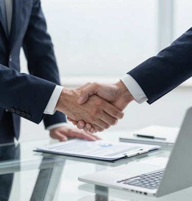 Close-up of hands reviewing financial documents during a business merger meeting.