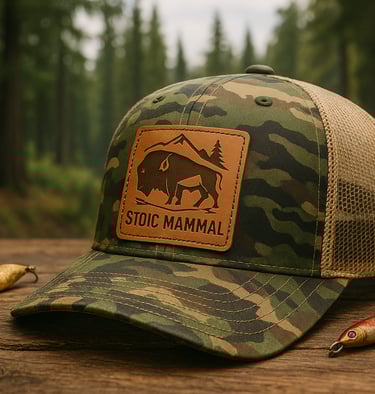 Custom leather patch trucker hat by Village Customs featuring laser-engraved 